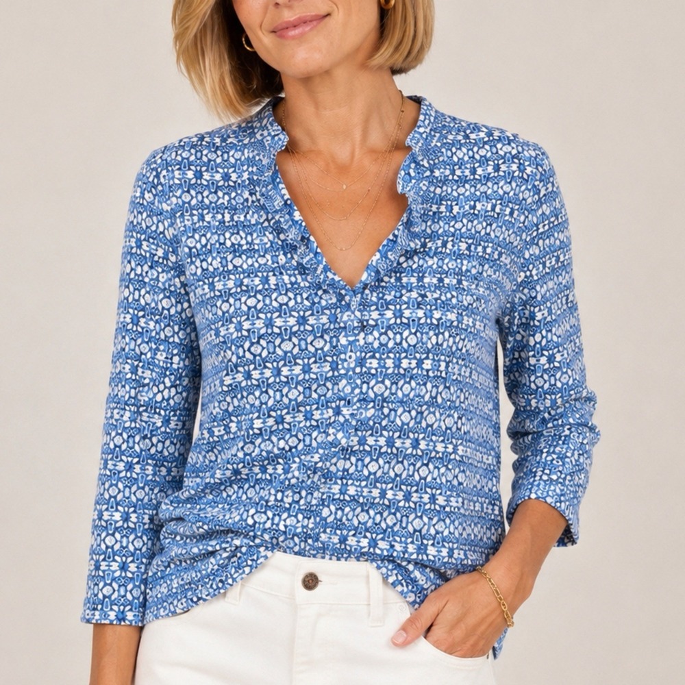 J.McLaughlin Durham Catalina Cloth top geometric ruffle neck 3/4 sleeve Large